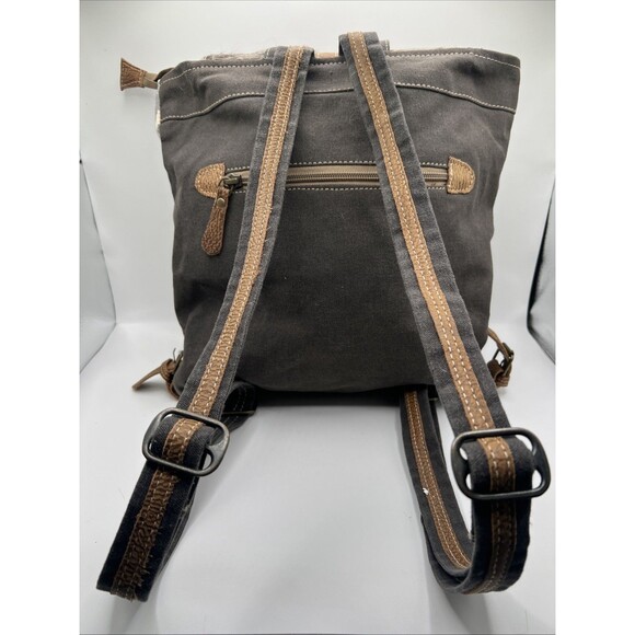 Myra Bag Aztec Motif, Leather, Cotton Backpack, Flap Closure, Grey/White, VGC - Picture 3 of 10